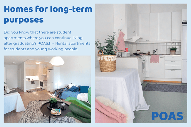 Advert from Pirkan Opiskelija-asunnot Oy regarding long-term homes for students.
